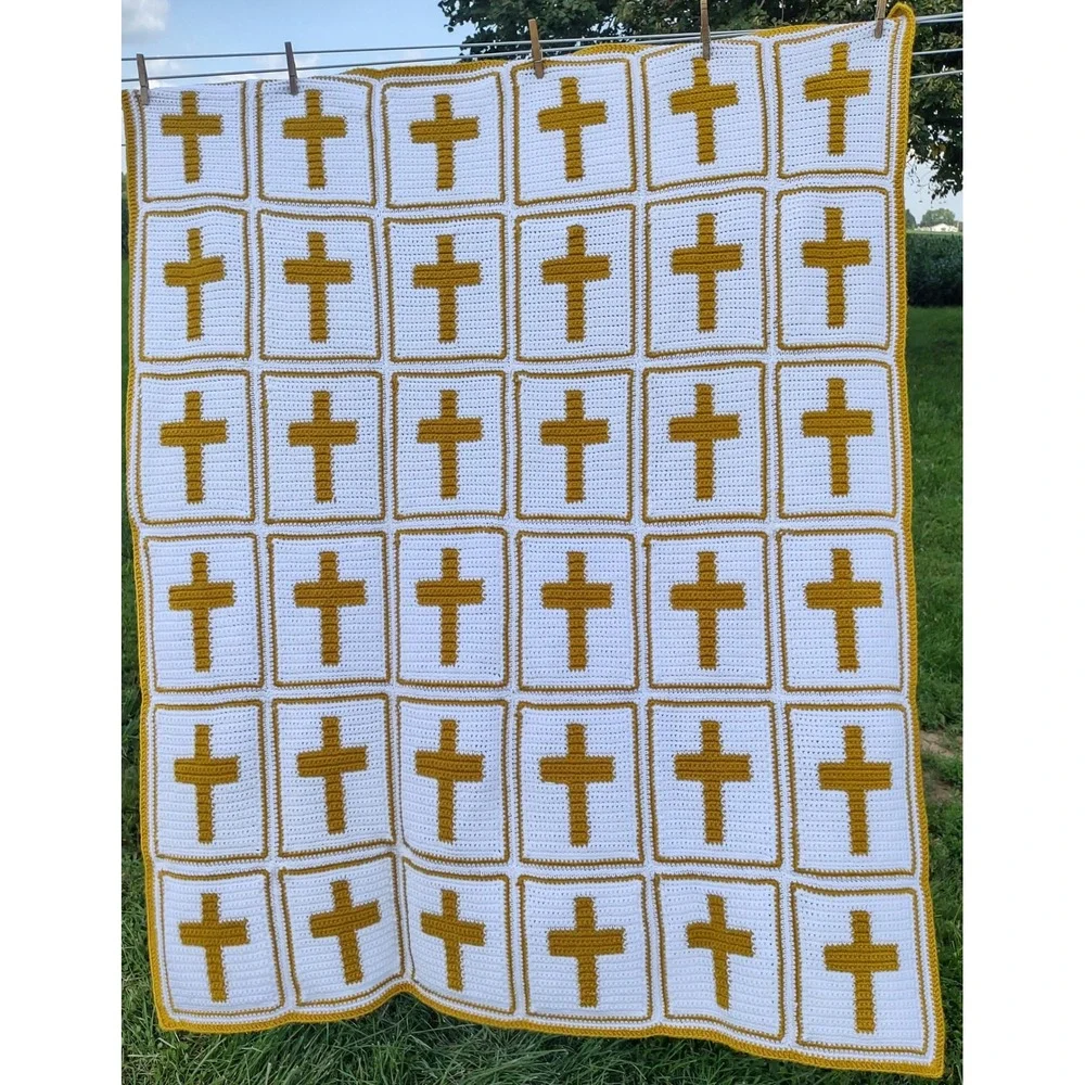 Handmade Crochet Cross Granny Square Blanket 50x60 Religious Afghan